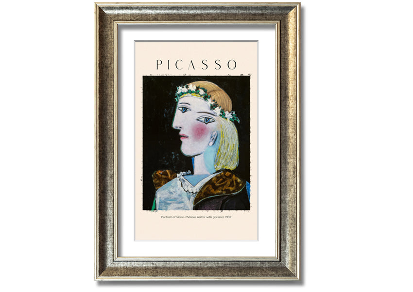 A vibrant canvas print of Picasso's Portrait Of Marie-Thérèse Walter, featuring a woman with a garland, mounted on a box frame.
